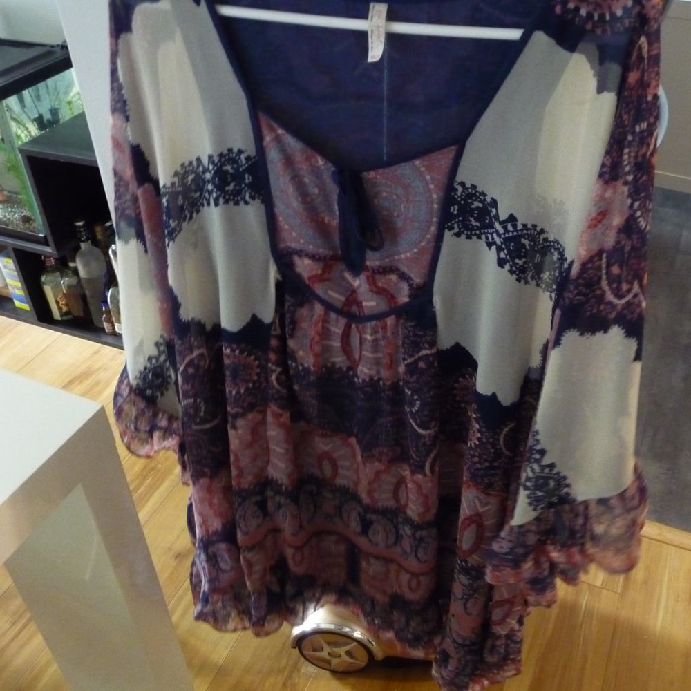 FREE PEOPLE MARLA OVERSIZED  NAVY PINK BOHEMIAN HIPPIE STYLE DRESS/TUNIC…